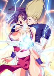 Rule 34 | 1boy, 1girl, blush, grabbing another&#039;s breast, breasts, brown hair, electricity, fatal fury, grabbing, grin, highres, large breasts, long hair, nikaido benimaru, ninja, nipples, open mouth, panties, red panties, ryona, shiranui mai, smile, snk, tears, the king of fighters, thighs, torn clothes, underwear