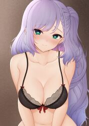 Rule 34 | 1girl, absurdres, black bra, blush, bra, braid, breasts, cleavage, earrings, gold earrings, green eyes, grey hair, highres, hololive, hololive indonesia, honon, jewelry, lace, lace-trimmed bra, lace trim, large breasts, long hair, looking at viewer, navel, pavolia reine, single braid, smile, solo, underwear, underwear only, virtual youtuber