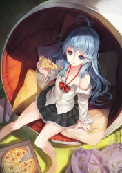Rule 34 | 10s, 1girl, 3:, ahoge, bare legs, barefoot, blue eyes, blue hair, denpa onna to seishun otoko, eating, floral print, food, from above, futon, long hair, matching hair/eyes, off shoulder, open clothes, parsley-f, pillow, pizza, pizza box, school uniform, sitting, skirt, solo, touwa erio
