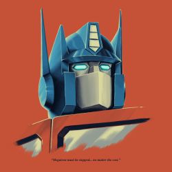 Rule 34 | autobot, blue eyes, commentary, english commentary, english text, highres, looking to the side, looking up, matt ferguson, mecha, no humans, optimus prime, portrait, red background, robot, solo, transformers