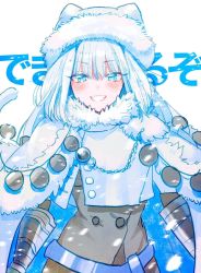 Rule 34 | 1girl, anam95, blue eyes, cape, dobrynya nikitich (fate), dobrynya nikitich (first ascension) (fate), dress, fate/grand order, fate (series), fur-trimmed cape, fur-trimmed headwear, fur trim, grey dress, grin, highres, long hair, smile, snow, tail, white hair