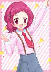 Rule 34 | 10s, 1girl, :d, arm up, bad id, bad pixiv id, blush, collared shirt, commentary request, diagonal stripes, grey skirt, hair ornament, hinata keiichi, hugtto! precure, long sleeves, looking at viewer, necktie, nono hana, open mouth, outstretched arm, pink shirt, pleated skirt, precure, purple eyes, purple hair, red necktie, shirt, skirt, smile, solo, striped, striped background, suspender skirt, suspenders, x hair ornament
