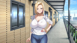 Rule 34 | 1girl, blonde hair, blue eyes, blush, breasts, cleavage, cloud, cowboy shot, day, denim, door, female focus, groin, hand on own hip, hayashi cherry, highres, huge breasts, jeans, legs, light blush, looking at viewer, medium hair, nail polish, original, outdoors, pants, parted lips, rinjin no hitozuma gal wo netotte haramasete mita, sky, smile, solo, standing, thighs, tree, window