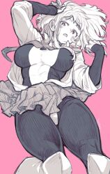 Rule 34 | 1girl, blush, blush stickers, bodysuit, boku no hero academia, breasts, greyscale, greyscale with colored background, highres, large breasts, looking at viewer, monochrome, open clothes, open mouth, open shirt, pink background, short hair, simple background, skirt, solo, takatsuki ichi, thick thighs, thighs, uraraka ochako