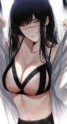 Rule 34 | 1girl, areola slip, black bra, black hair, black skirt, bra, breasts, chainsaw man, cleavage, closed mouth, commentary, cupless bra, expressionless, facial scar, highres, lace, lace-trimmed bra, lace trim, large breasts, long hair, looking at viewer, micchan (micchanmeido), navel, open clothes, open shirt, pleated skirt, ringed eyes, scar, scar on cheek, scar on face, shirt, sidelocks, skirt, solo, stomach, sweat, underwear, upper body, white shirt, yellow eyes, yoru (chainsaw man)