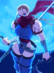 Rule 34 | 1girl, ahoge, antenna hair, armband, belt, blonde hair, blue eyes, blue leotard, braid, brown hair, cammy white, capcom, company connection, cosplay, dual wielding, eyebrows, full moon, holding, kusarigama, leotard, looking at viewer, moon, muscular, muscular female, night, ninja, plasma sword, scar, scarf, science fiction, shopyun, sickle, solo, street fighter, strider (video game), strider hiryuu, strider hiryuu (cosplay), twin braids, weapon