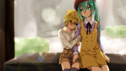 Rule 34 | 1boy, 1girl, holding another&#039;s arm, bad id, bad pixiv id, blonde hair, blush, crossdressing, dress, green eyes, green hair, hat, hatsune miku, head on another&#039;s shoulder, kagamine len, lens flare, long hair, oumi sanaka, sitting, thighhighs, vocaloid