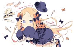 Rule 34 | 1girl, 2022, :t, abigail williams (fate), black bow, black dress, black footwear, black hat, blonde hair, blue eyes, bow, closed mouth, commentary request, dress, fate/grand order, fate (series), food, forehead, fork, hair bow, hat, knife, long hair, long sleeves, looking at viewer, orange bow, pancake, parted bangs, shoes, signature, simple background, sleeves past fingers, sleeves past wrists, sofra, solo, thank you, twitter username, unworn hat, unworn headwear, very long hair, white background