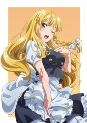 Rule 34 | 1girl, apron, blonde hair, bow, braid, breasts, buttons, dress, frilled apron, frilled dress, frills, gyouza (mhea5724), highres, huge bow, kirisame marisa, long hair, looking at viewer, no headwear, one eye closed, open mouth, puffy short sleeves, puffy sleeves, short sleeves, solo, touhou, white apron, white bow, yellow eyes