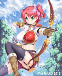Rule 34 | 10s, 1girl, 2013, armor, arrow (projectile), black thighhighs, boots, bow (weapon), breastplate, breasts, crop top, dated, drawing bow, garter straps, gloves, green eyes, harem gain, holding, holding bow (weapon), holding weapon, kawase seiki, large breasts, midair, midriff, muneate, official art, pauldrons, red hair, shiny skin, short hair, shorts, shoulder armor, side ponytail, thighhighs, weapon