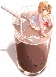 Rule 34 | 1girl, :d, bad id, bad pixiv id, blush, brown hair, chocolate, cup, drinking glass, drinking straw, dripping, eyebrows, flower, from above, glass, gochuumon wa usagi desu ka?, hair between eyes, hair flower, hair ornament, hairclip, hoto cocoa, ice, ice cube, in container, kyuuma (shimashima521), long sleeves, looking at viewer, mini person, minigirl, miniskirt, name connection, neck ribbon, object namesake, open mouth, oversized object, partially submerged, pleated skirt, purple eyes, red ribbon, ribbon, school uniform, shadow, short hair, simple background, skirt, smile, solo, water drop, white background, white skirt