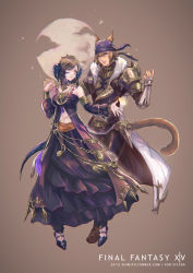 Rule 34 | 1boy, 1girl, animal ears, armor, astrologian (final fantasy), au ra, bare shoulders, brown eyes, brown hair, cat ears, cat tail, dated, detached sleeves, dragon horns, dragon tail, dress, final fantasy, final fantasy xiv, full body, full moon, horns, jewelry, looking at another, miqo&#039;te, moogie (shinjyu), moon, necklace, scales, short hair, simple background, standing, tail, warrior (final fantasy), watermark, web address