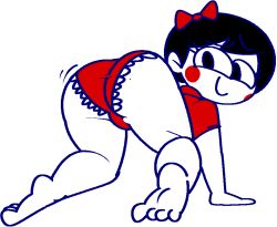 Rule 34 | 1girl, all fours, ass, barefoot, black eyes, black hair, blush, bow, from behind, hair bow, looking at viewer, looking back, mole, mole on ass, panties, raised eyebrow, red panties, red shirt, shirt, short hair, short sleeves, smile, underwear, utz girl, utz quality foods, vilepluff, white background