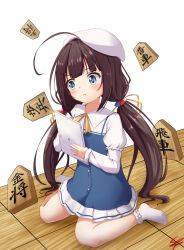 Rule 34 | 10s, 1girl, :t, absurdres, ahoge, bad id, bad pixiv id, beret, blue dress, blue eyes, blush, board game, bobby socks, brown hair, closed mouth, commentary request, dress, full body, hair ribbon, hat, head tilt, highres, hinatsuru ai, holding, layered sleeves, long hair, long sleeves, looking away, low twintails, no shoes, pout, puffy short sleeves, puffy sleeves, ribbon, ryuuou no oshigoto!, school uniform, set (vrkdgus1), shogi, short over long sleeves, short sleeves, signature, sitting, socks, solo, tablet pc, twintails, v-shaped eyebrows, very long hair, wariza, white background, white hat, white socks, yellow ribbon