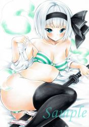 Rule 34 | 1girl, arim0k0, ass, between legs, bikini, bikini pull, black hairband, black thighhighs, bra, breasts, cleavage, closed mouth, clothes pull, ghost, green bikini, hairband, highres, image sample, katana, konpaku youmu, konpaku youmu (ghost), lying, medium breasts, on side, open clothes, open shirt, panties, pulling own clothes, sample watermark, sheath, sheathed, shirt, short hair, side-tie panties, solo, striped bikini, striped clothes, striped panties, swimsuit, sword, thighhighs, touhou, traditional media, underwear, watermark, weapon, white background, white bikini, white hair, white shirt
