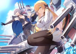 2girls, absurdres, azur lane, bangs, black bra, black gloves, black legwear, blonde hair, blue eyes, blue sky, blush, bra, bra peek, breasts, cape, choker, cleavage, cloud, commentary request, cowboy shot, cross, cross choker, cross necklace, day, detached sleeves, eyebrows visible through hair, gloves, grey hair, hair between eyes, hairband, half gloves, hand on hip, high heels, highres, huge filesize, jacket, jacket on shoulders, jewelry, large breasts, long hair, looking at viewer, looking to the side, midriff, military jacket, mole, mole on breast, multiple girls, navel, necklace, north carolina (azur lane), ocean, one eye closed, open mouth, outdoors, pantyhose, parted lips, pnatsu, rigging, short hair, sidelocks, silver hair, single detached sleeve, sky, smile, squatting, standing, standing on liquid, sunlight, turret, underwear, washington (azur lane), water drop, white footwear, white hairband, wrist straps