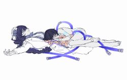 Rule 34 | 1boy, 1girl, barefoot, blue hair, blunt bangs, boy on top, braid, breasts, center opening, cleavage, closed eyes, collared shirt, doll joints, from side, genshin impact, hair between eyes, hair ornament, hair over eyes, highres, hug, intestines, joints, lab coat, long hair, lying, medium breasts, mole, mole under eye, mother and son, nnikko, on back, on side, purple hair, raiden shogun, scaramouche (genshin impact), shirt, simple background, single braid, test tube, wanderer (genshin impact), white background