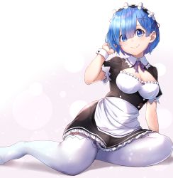 Rule 34 | 1girl, absurdres, alternate costume, apron, blue eyes, blue hair, blunt bangs, blush, breasts, cleavage, commentary, commission, dress, female focus, frilled dress, frills, gradient background, grey background, hair ornament, hair over one eye, hair ribbon, highres, large breasts, looking at viewer, m.tokotsu, maid, maid headdress, matching hair/eyes, neck ribbon, pixiv commission, purple ribbon, re:zero kara hajimeru isekai seikatsu, red ribbon, rem (re:zero), ribbon, short hair, sitting, smile, solo, thighhighs, thighs, waist apron, white thighhighs, wrist cuffs, x hair ornament