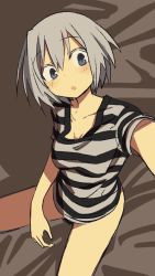 Rule 34 | 1girl, blue eyes, bottomless, female focus, female pubic hair, on bed, ootorii bisetsu, original, pubic hair, pubic hair peek, selfie, shirt, short hair, silver hair, sitting, solo, striped clothes, striped shirt, tareme
