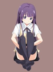 Rule 34 | 1girl, apron, blush, convenient leg, feet, full body, hands under legs, ixy, long hair, looking at viewer, no shoes, purple eyes, purple hair, simple background, sitting, skirt, solo, thighhighs, toes, waitress, working!!, yamada aoi