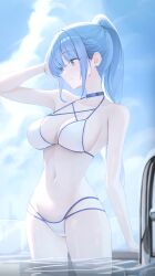 Rule 34 | 1girl, absurdres, arm up, armpits, bare arms, bare shoulders, bikini, blue choker, blue eyes, blue hair, blue theme, breasts, character pria, choker, cleavage, closed mouth, cloud, commission, day, g home, halterneck, high ponytail, highres, large breasts, long hair, looking to the side, multi-strapped bikini bottom, navel, original, outdoors, ponytail, pool ladder, sidelocks, smile, solo, standing, stomach, string bikini, swimsuit, thighs, very long hair, wading, water, white bikini