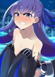 Rule 34 | 10s, 1girl, artist name, bare shoulders, blue eyes, blush, clenched teeth, collarbone, embarrassed, fate/extra, fate/extra ccc, fate/grand order, fate (series), flat chest, hair ribbon, highres, kurosawa shouichi, long hair, meltryllis (fate), no bra, purple hair, ribbon, sleeves past wrists, solo, tears, teeth, torn clothes