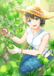 Rule 34 | 1girl, :d, basket, black hair, blue eyes, blue pants, blurry, blurry foreground, blush, brown hat, collarbone, commentary request, crate, day, denim, depth of field, food, fruit, gloves, hair between eyes, hair bun, hat, highres, holding, holding food, jeans, lemon, looking at viewer, mono lith, open mouth, original, outdoors, pants, scissors, shirt, single hair bun, sleeveless, sleeveless shirt, smile, solo, squatting, straw hat, white gloves, white shirt