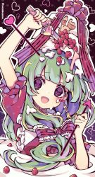 Rule 34 | 1girl, @ @, artist name, cake, commentary request, dress, earrings, food, frilled dress, frilled ribbon, frilled sleeves, frills, front ponytail, fruit, green hair, hair ribbon, heart, highres, holding, holding knife, jewelry, kagiyama hina, knife, kyouda suzuka, long hair, looking at viewer, open mouth, puffy short sleeves, puffy sleeves, red dress, red ribbon, ribbon, short sleeves, smile, solo, strawberry, touhou, twitter username, upper body