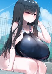 Rule 34 | 1girl, absurdres, akitokage, black hair, blue sky, blunt bangs, blush, breasts, breasts on lap, competition swimsuit, gate, hair ornament, hairclip, highres, huge breasts, long hair, looking at viewer, nozomi (akitokage01), one-piece swimsuit, original, outdoors, poolside, purple eyes, sitting, sky, solo, swimsuit, unworn hair ornament, unworn hairclip, wet, wet clothes, wet hair, wet swimsuit