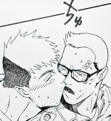 Rule 34 | 2boys, bandaid, bandaid on face, bandaid on forehead, bara, couple, dickfish (fishismdick), facial hair, from above, glasses, greyscale, kiss, kissing cheek, male focus, mature male, military, military uniform, monochrome, multiple boys, muscular, muscular male, mustache, original, rottweil (dickfish), russell (dickfish), short hair, sideburns, stubble, traditional media, translation request, undercut, uniform, upper body, yaoi
