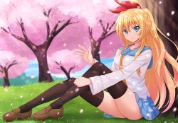Rule 34 | 10s, 1girl, black thighhighs, blonde hair, blue eyes, blue skirt, blush, bow, brown footwear, cherry blossoms, closed mouth, day, eyebrows, full body, grass, hair between eyes, hair ribbon, kazenokaze, kirisaki chitoge, loafers, long hair, long legs, long sleeves, looking at viewer, necktie, nisekoi, on ground, outdoors, ponytail, red bow, ribbon, school uniform, serafuku, shoes, skirt, smile, solo, sunlight, thighhighs, tree, under tree, upskirt, very long hair, waving, yellow necktie