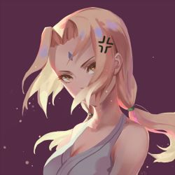 Rule 34 | 1girl, angry, bare shoulders, blonde hair, blue background, breasts, brown eyes, cleavage, collarbone, commentary request, eyebrows, facial mark, forehead mark, grey kimono, heart, japanese clothes, kimono, long hair, low twintails, naruto, naruto (series), naruto shippuuden, nho (316784766), no lineart, parted bangs, parted lips, portrait, purple background, simple background, solo, tsunade (naruto), twintails