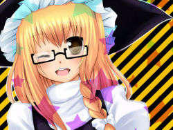 Rule 34 | 1girl, bad id, bad pixiv id, bespectacled, blonde hair, bow, braid, female focus, glasses, hair bow, hat, kirisame marisa, long hair, nnyara, nyara nico, one eye closed, open mouth, solo, star (symbol), touhou, wink, witch, witch hat, yellow eyes