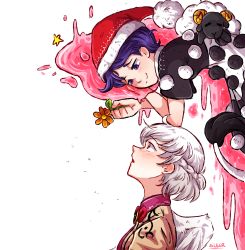 Rule 34 | 2girls, :3, angel wings, animal, artist name, bare arms, blob, blush, bow, bowtie, braid, brooch, closed mouth, collared shirt, doremy sweet, dress, ear blush, flower, french braid, from side, grey hair, grey wings, half-closed eyes, hat, highres, holding, holding flower, jacket, jewelry, kishin sagume, looking at another, looking down, looking up, multiple girls, nightcap, open mouth, pom pom (clothes), purple eyes, purple hair, red headwear, sheep, shirt, short hair, short sleeves, single wing, sleep (isliping), smile, tail, tapir tail, touhou, wings