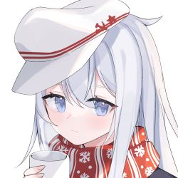 Rule 34 | 1girl, anchor print, blue eyes, cup, flat cap, hair between eyes, hat, hibiki (kancolle), highres, holding, holding cup, kantai collection, long hair, looking at viewer, momoimonaka, red scarf, scarf, silver hair, snowflake print, star (symbol), star print, steam, verniy (kancolle), white background