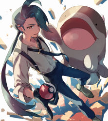 Rule 34 | 1girl, ahoge, black necktie, black pants, bright pupils, buttons, clodsire, collared shirt, commentary request, creatures (company), game freak, gloves, green hair, holding, holding poke ball, long hair, necktie, nintendo, pants, poke ball, poke ball (basic), pokemon, pokemon (creature), pokemon sv, ponytail, rika (pokemon), shirt, shoes, suruga dbh, suspenders, white pupils