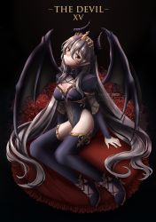 Rule 34 | 1girl, arm support, artist name, bad id, bad pixiv id, black dress, black footwear, black thighhighs, black wings, blush, boots, breasts, brown eyes, cleavage, closed mouth, commentary, covered navel, curled horns, demon girl, demon horns, demon wings, dress, facial mark, fingernails, frilled pillow, frills, grey hair, hair between eyes, head tilt, high heel boots, high heels, highres, horns, juliet sleeves, long hair, long sleeves, looking at viewer, medium breasts, nail polish, original, pillow, pink nails, puffy sleeves, roman numeral, saruei, see-through, sitting, smile, solo, thigh boots, thighhighs, tiara, very long hair, wings