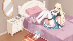 Rule 34 | 1girl, bed, blonde hair, blue eyes, blush, feet, highres, long hair, looking at viewer, open mouth, pointy ears, princess connect!, saren (princess connect!), shoes, soles, steam, thighhighs, unworn shoes, white thighhighs
