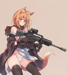 Rule 34 | 1girl, :/, animal ear fluff, animal ears, assault rifle, bare shoulders, beige, beige background, black thighhighs, breasts, choke (weapon), closed mouth, constricted pupils, detached sleeves, duckbill choke, empty eyes, expressionless, firearm request, foregrip, fox ears, fox girl, fox tail, gloves, groin, gun, h&amp;k g36, holding, holding gun, holding weapon, looking at viewer, medium breasts, medium hair, muzzle device, orange eyes, orange hair, original, panties, rifle, sawaya (mizukazu), scarf, scope, side-tie panties, sideboob, simple background, solo, tail, thighhighs, torn clothes, torn scarf, underwear, very long sleeves, weapon, weapon request, wide sleeves