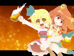 Rule 34 | 2girls, :&lt;, :d, alcohol, beer, beer mug, beerko, bell, boots, brown hair, character name, chestnut mouth, clothes writing, cup, hair bell, hair ornament, head tilt, highres, kuresento, legs, letterboxed, motoori kosuzu, mug, multiple girls, no nose, open mouth, red eyes, ribbon, skirt, smile, touhou, twintails, yellow eyes
