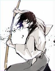 Rule 34 | 1boy, black hair, closed mouth, drawing sword, from side, glaring, grey hakama, hakama, halorane, holding, holding sheath, holding sword, holding weapon, ishikawa goemon xiii, japanese clothes, looking at viewer, lupin iii, male focus, sheath, short hair, simple background, solo, sword, weapon, white background, wide sleeves