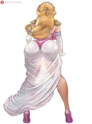 Rule 34 | 1girl, absurdres, alva, ass, blonde hair, breasts, cameltoe, dress, elbow gloves, facing away, from behind, gloves, high heels, highres, hyrule warriors, large breasts, legs, nintendo, no panties, pink dress, princess zelda, pussy, see-through, see-through skirt, skirt, solo, sparkle, tagme, the legend of zelda, white background, white gloves