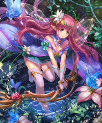 Rule 34 | 1girl, bad id, bad pixiv id, bare shoulders, blunt bangs, bow, bow (weapon), breasts, brooch, bug, butterfly, cape, cleavage, cloak, detached collar, dress, eyelashes, fairy, fairy wings, floral print, flower, full body, gloves, head wreath, holding, holding weapon, insect, insect wings, jewelry, leaning forward, light particles, lily (flower), lily pad, long hair, looking at viewer, miazi, nature, off shoulder, original, outdoors, parted lips, pink hair, plant, pointy ears, pond, purple eyes, ripples, rose, shingoku no valhalla gate, short dress, smile, solo, sparkle, standing, standing on one leg, strapless, strapless dress, thighhighs, v arms, very long hair, vines, wading, weapon, white gloves, white thighhighs, wings, zettai ryouiki