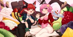 Rule 34 | 2girls, absurdres, alternate costume, animal ears, artist name, black bow, blueberry, bow, braid, breasts, cake, cake slice, cat ears, cherry, cup, dessert, drinking glass, fake animal ears, food, fork, fruit, hair ornament, hairband, heart, heart hair ornament, high heels, highres, kaenbyou rin, komeiji satori, leotard, long hair, long sleeves, macaron, multiple girls, multiple tails, open mouth, pancake, parfait, pink hair, plate, playboy bunny, pointy ears, pudding, puffy sleeves, qwas69, rabbit ears, red eyes, red hair, short hair, strawberry, strawberry shortcake, tail, third eye, touhou, tray, twin braids, watermark, wrist cuffs