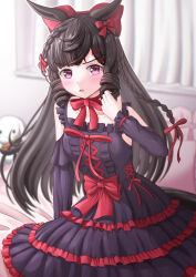 Rule 34 | 1girl, absurdres, alternate costume, animal ears, bare shoulders, bed, black hair, bow, breasts, clothing cutout, collarbone, commentary request, curtains, daiichi ruby (umamusume), dress, drill hair, drill sidelocks, ear bow, gamel 120, gothic lolita, hair bow, hair ornament, hairclip, highres, horse ears, horse girl, horse tail, lolita fashion, long hair, looking at viewer, open mouth, purple eyes, red bow, ribbon, shoulder cutout, side drill, sidelocks, small breasts, solo, stuffed animal, stuffed toy, tail, umamusume