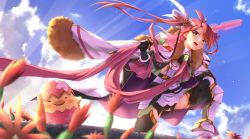 Rule 34 | 1girl, blush, character request, flower knight girl, highres, long hair, looking at viewer, mizunashi (second run), over shoulder, pink hair, smile, solo, sword, sword over shoulder, twintails, weapon, weapon over shoulder, yellow eyes