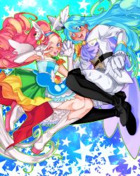 Rule 34 | + +, 1boy, 1girl, blue eyes, blue hair, boots, brother and sister, cape, cure parfait, cure waffle, dezu, elbow gloves, epaulettes, food-themed hair ornament, gloves, green eyes, hair ornament, holding hands, highres, kirahoshi ciel, kirakira precure a la mode, long hair, looking at viewer, magical boy, magical girl, open mouth, pikario (precure), pink hair, precure, siblings, smile, spoilers, thigh boots, thighhighs, twins, v, white footwear, white gloves