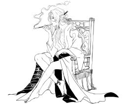 Rule 34 | 1boy, anklet, armchair, bare legs, barefoot, bungou to alchemist, chair, expressionless, full body, greyscale, hair between eyes, hair ornament, hair stick, holding, holding smoking pipe, ichimoku (tansio5), japanese clothes, jewelry, kimono, kiseru, long hair, long sleeves, looking ahead, male focus, monochrome, open clothes, open kimono, parted lips, ponytail, profile, sash, sidelocks, simple background, sitting, smoke, smoking, smoking pipe, solo, tanizaki junichirou (bungou to alchemist), white background, wide hips
