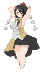Rule 34 | 1girl, absurdres, armpits, arms behind head, bare arms, black hair, breasts, collared shirt, cropped legs, curvy, hat, highres, large breasts, looking down, pom pom (clothes), pushun (muteki), red eyes, shameimaru aya, shirt, short hair, simple background, skirt, sleeveless, smile, solo, tokin hat, touhou, white background