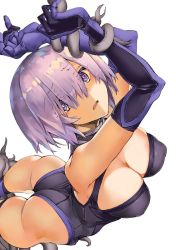 Rule 34 | 1girl, arched back, armpits, ass, black thighhighs, breasts, cleavage, cleavage cutout, clothing cutout, colored eyelashes, covered erect nipples, cowboy shot, elbow gloves, eyes visible through hair, fate/grand order, fate (series), foreshortening, from above, from side, gloves, hair over one eye, halterneck, leotard, light purple hair, looking at viewer, mash kyrielight, medium breasts, parted bangs, purple eyes, purple gloves, purple hair, short hair, simple background, skin tight, solo, standing, tentacles, thigh strap, thighhighs, white background, zutta